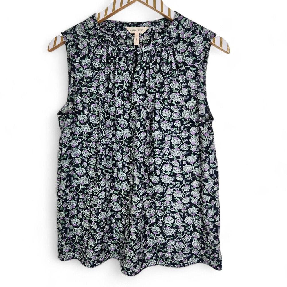 REBECCA TAYLOR Blouse Womens 2 Navy Silk Sleeveless Floral Print Keyhole